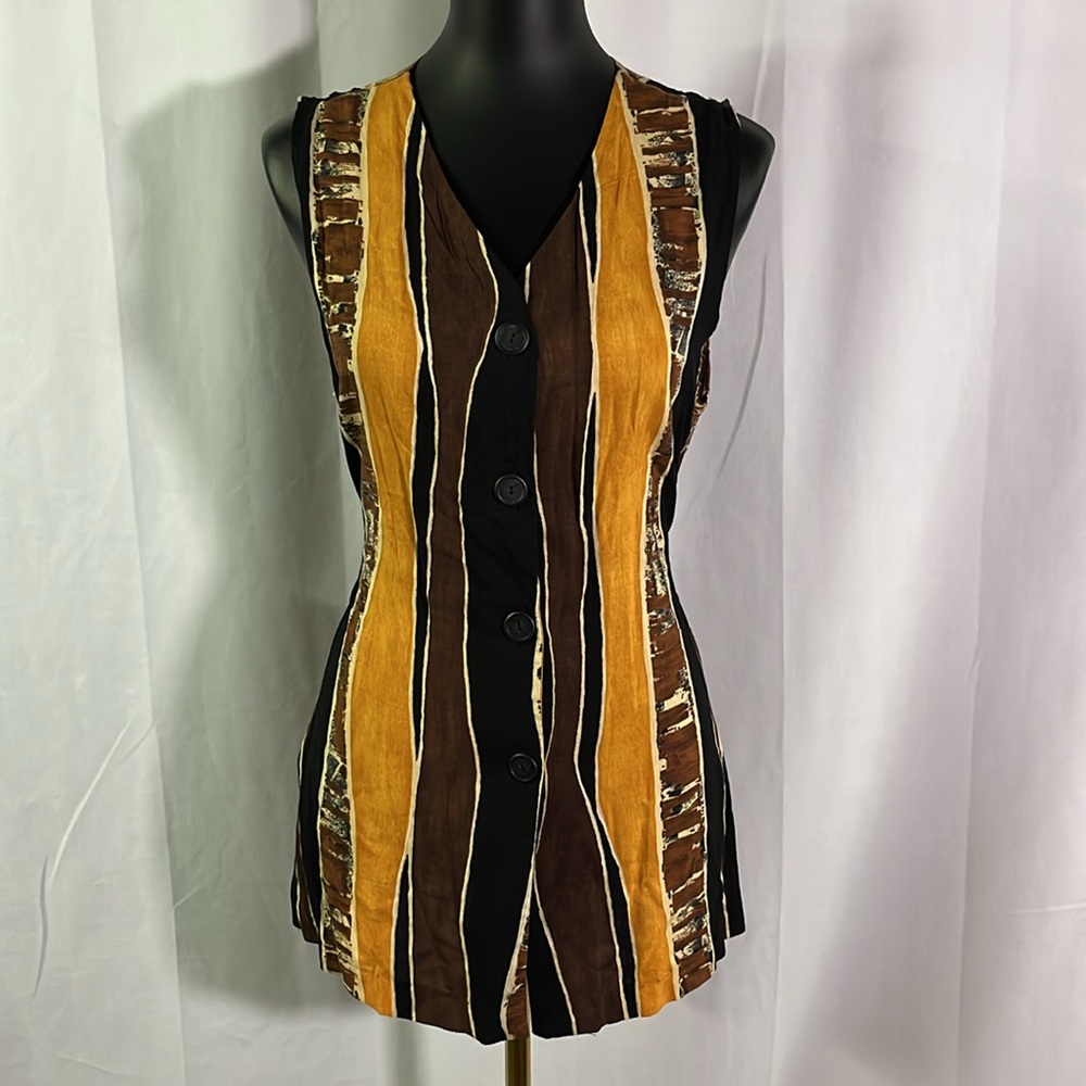 Vintage 90s Rolling Over Orange Brown & Black Abstract Striped Button Front Vest